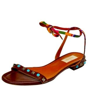 Valentino Rockstud Rolling Embroidered Brown Leather Flat Sandals